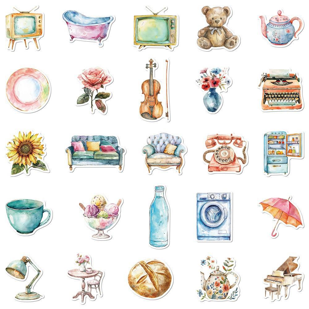 10/30/50pcs Vintage Watercolor Aesthetic Stickers Cute Ins Style Cartoon Sticker Luggage Notebook Phone Girls Decals Decoration