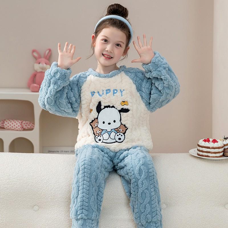 Girls Coral Fleece Pajama Set With Hooded Cartoon Character Design Winter Warm Sleepwear Kids 8 Years