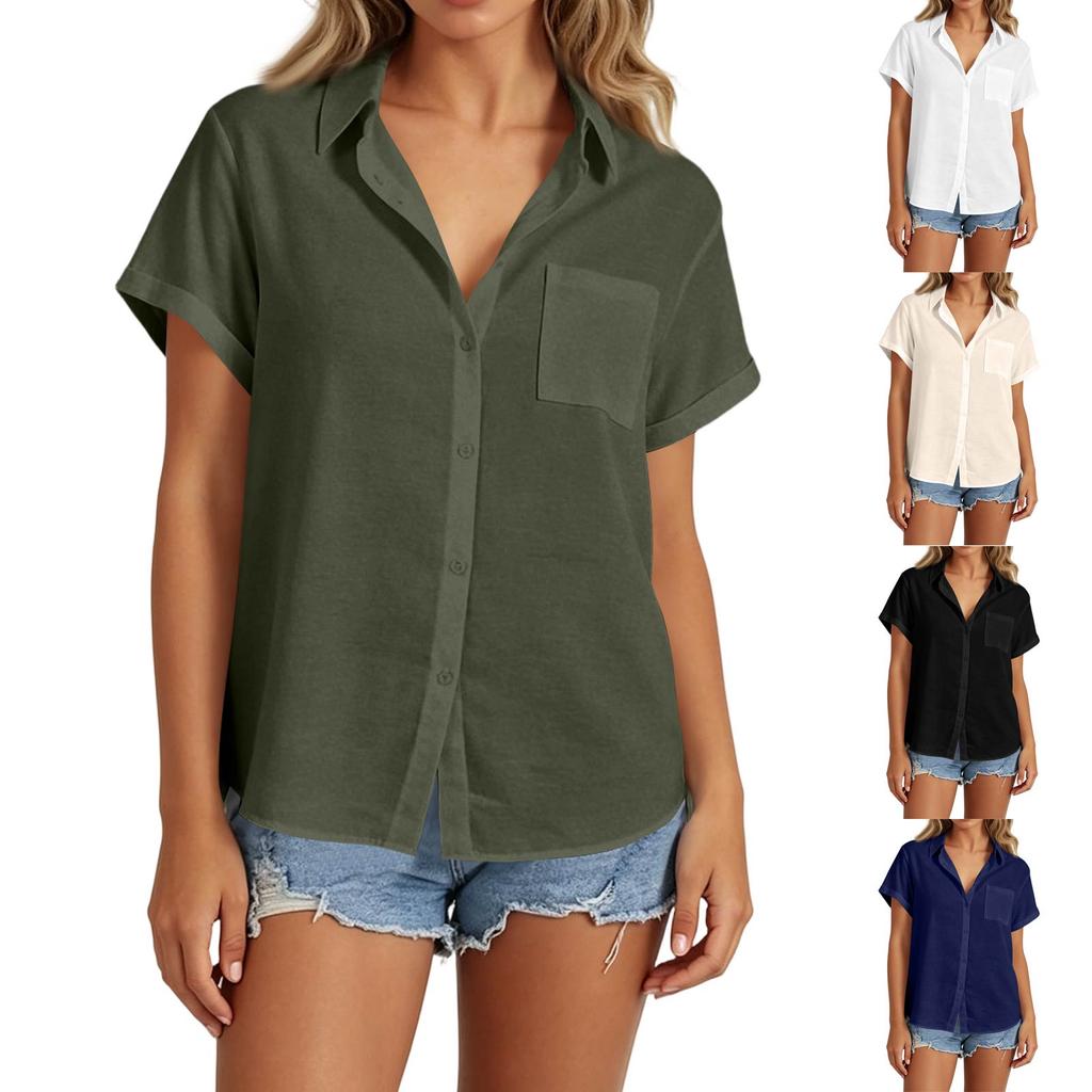 Women's Summer Short Sleeve Blouse with Collar - Color Button Up Relaxed Fit