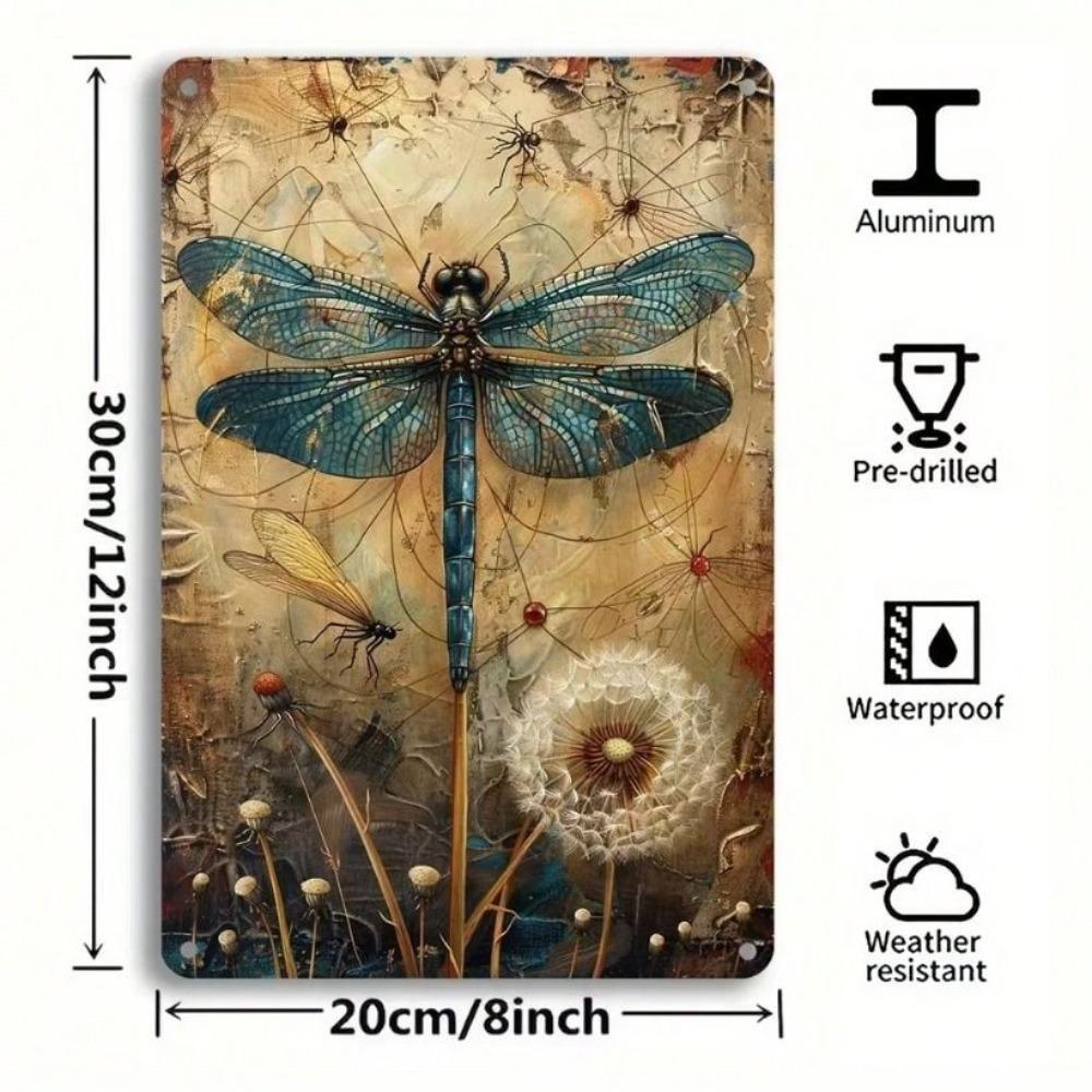 Metal Poster One Piece Premium Wall Art, Vintage Dragonfly Dandelion Decor for Living Room Bar Gift