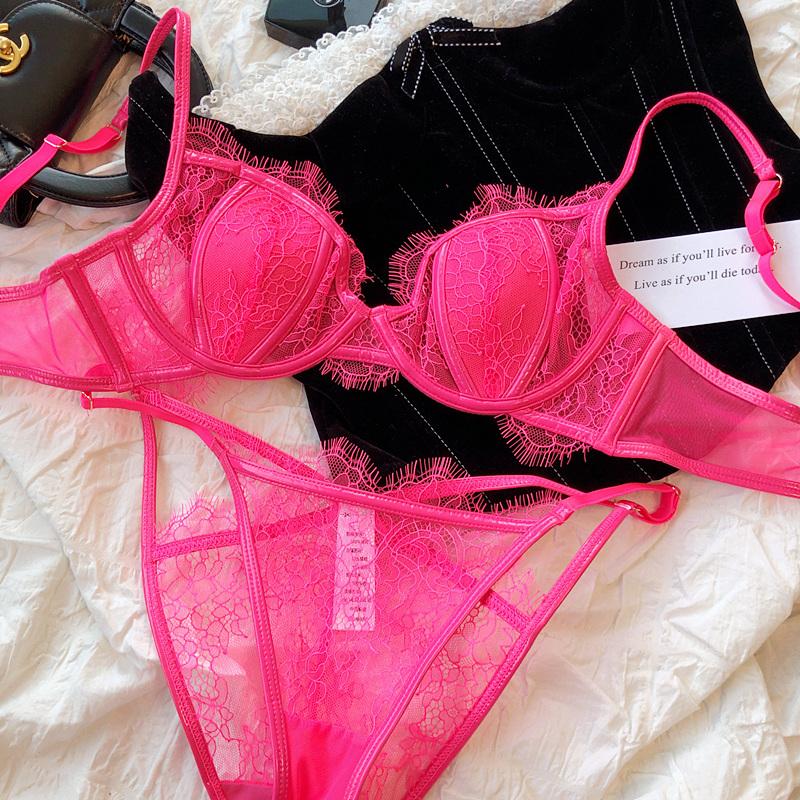 

Летний цветной комплект кружевного нижнего белья, сексуальные дышащие бюстгальтеры с тонкой чашкой, женские полые трусики, комплект женского нижнего белья с глубоким V-образным вырезом, бюстгальтер пуш-ап, нижнее белье 75C ярко-розовый