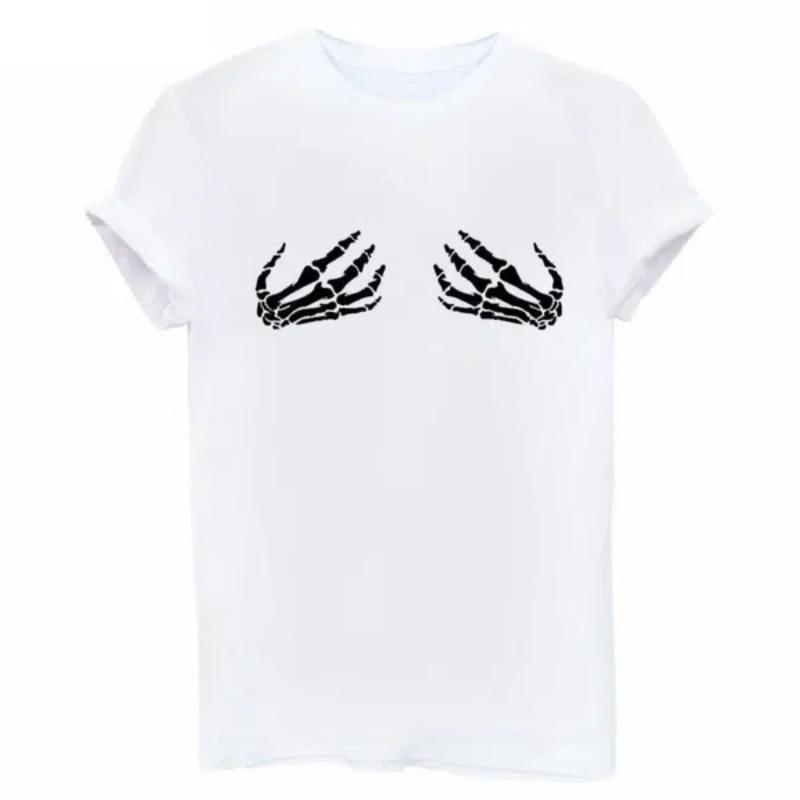 Summer T-Shirt for Women Harajuku Punk Cotton Skull Skeleton Hand Printed Casual Loose Female T Shirt Tops Tees