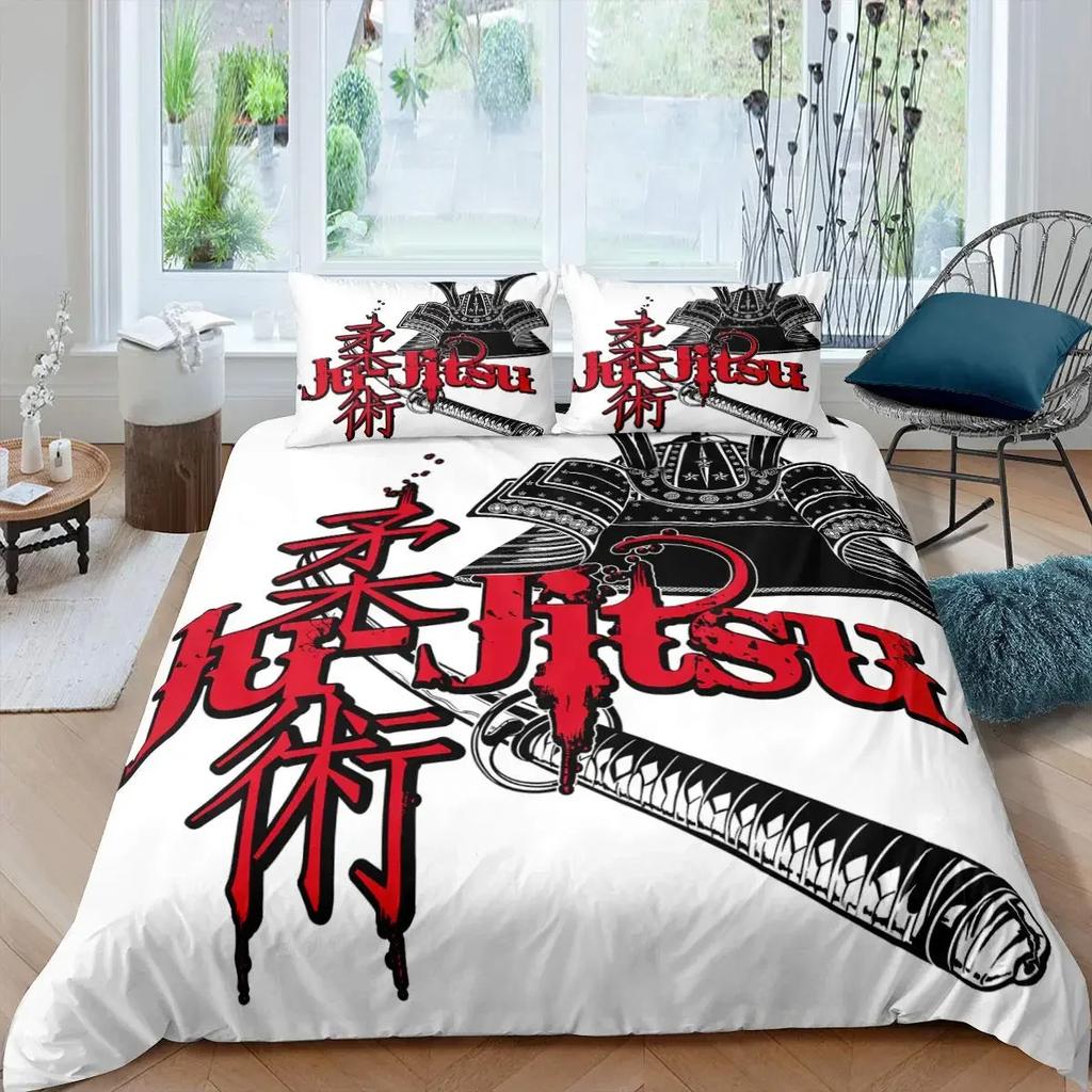 Japanese Samurai Bedding Set King/Queen/Full Size Japan Sunset Scenery Building Silhouette Polyester Duvet Cover Men Black Red