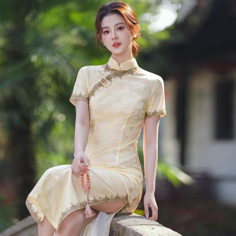 Elegant Champagne Beige Chinese Style Long Cheongsam Dress With Stand Collar Women 2026