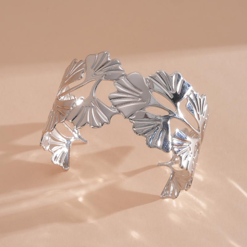 Vintage Ginkgo Leaf Butterfly Open Cuff Bangle Gold Silver Wide Statement Bracelet For Women Boho Party Jewelry