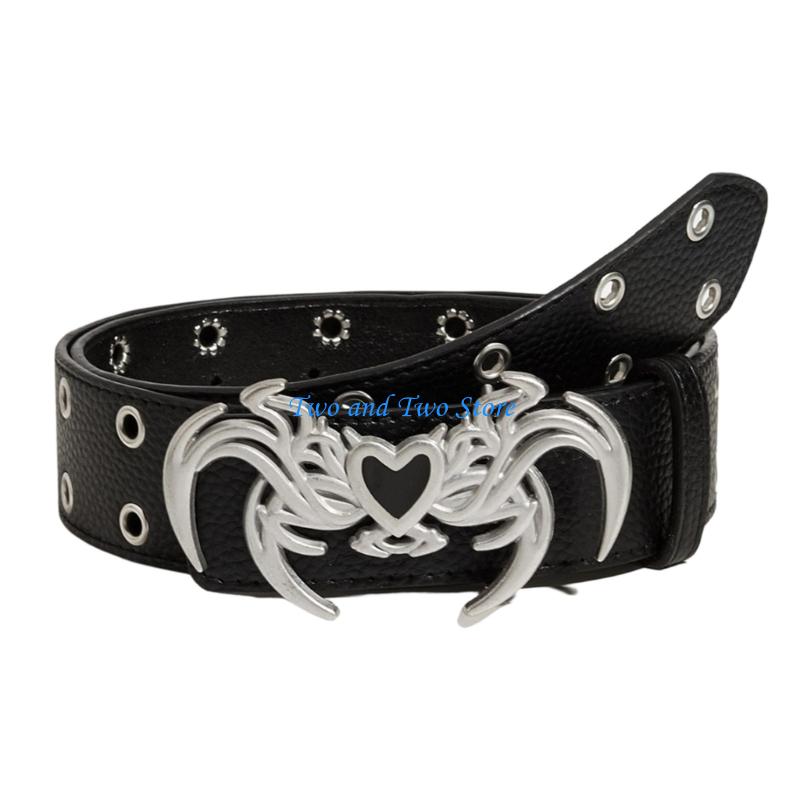 HX6F Double Row Buckles Waist Belt PU Leather Spiders Buckles Waist Strap for Streetwear 102cm