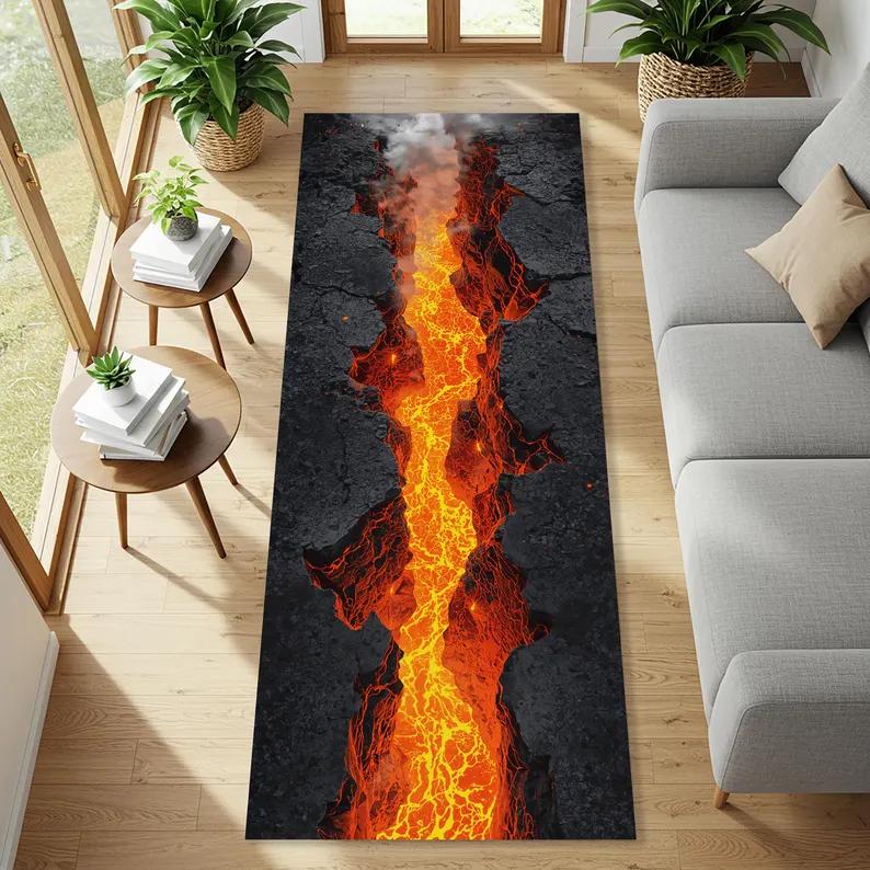 Visueller dreidimensionaler Rissloch-Läuferteppich Riss-Vulkan Heißes Magma-Muster Teppich Schlafzimmer Bettseite Eingang Lang Fußmatte