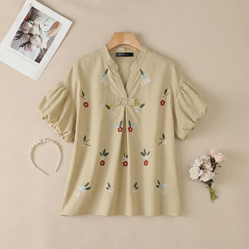 ZANZEA Women Casual V-Neck Loose Floral Print Short Sleeve Blouse