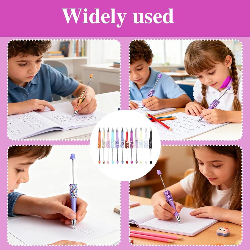12 Pcs Glitter Beadable Ballpoint Pens, Colorful DIY Retractable Sequin Bead Pen Kit with Pentagram, Fancy Beadable Ballpoint Stationery for Creative