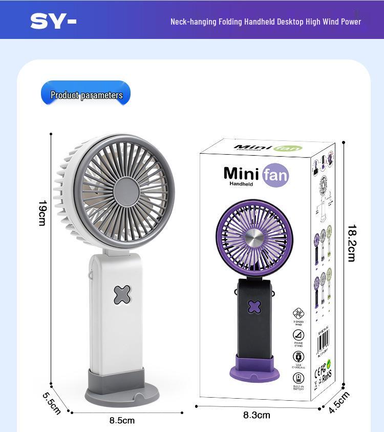 USB Rechargeable Cartoon Handheld Desktop Fan with Phone Holder & Silent High-Power Wind