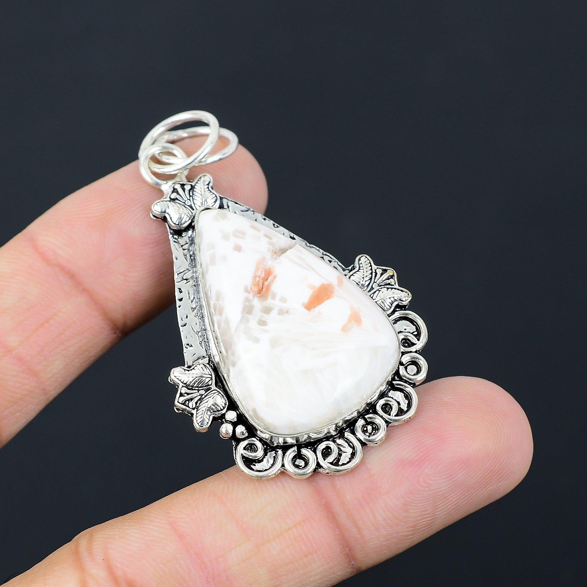 

Sisters Day Sale Pear Scolecite Gemstone Unique Anniversary Pendant 925 Silver
