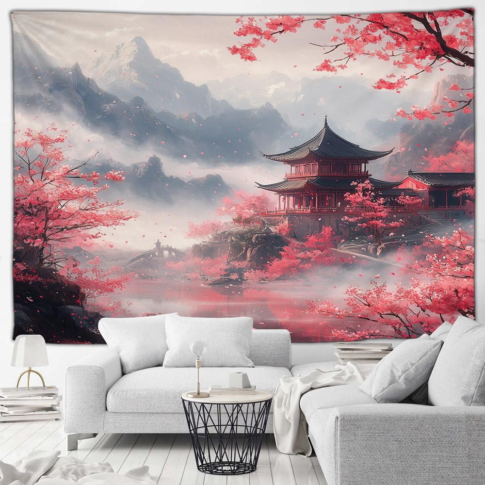 Asian Style Landscape Tapestry Nature Scenery Forest Waterfall Bedroom Living Room Home Wall Hanging Decor Natural Tapestry