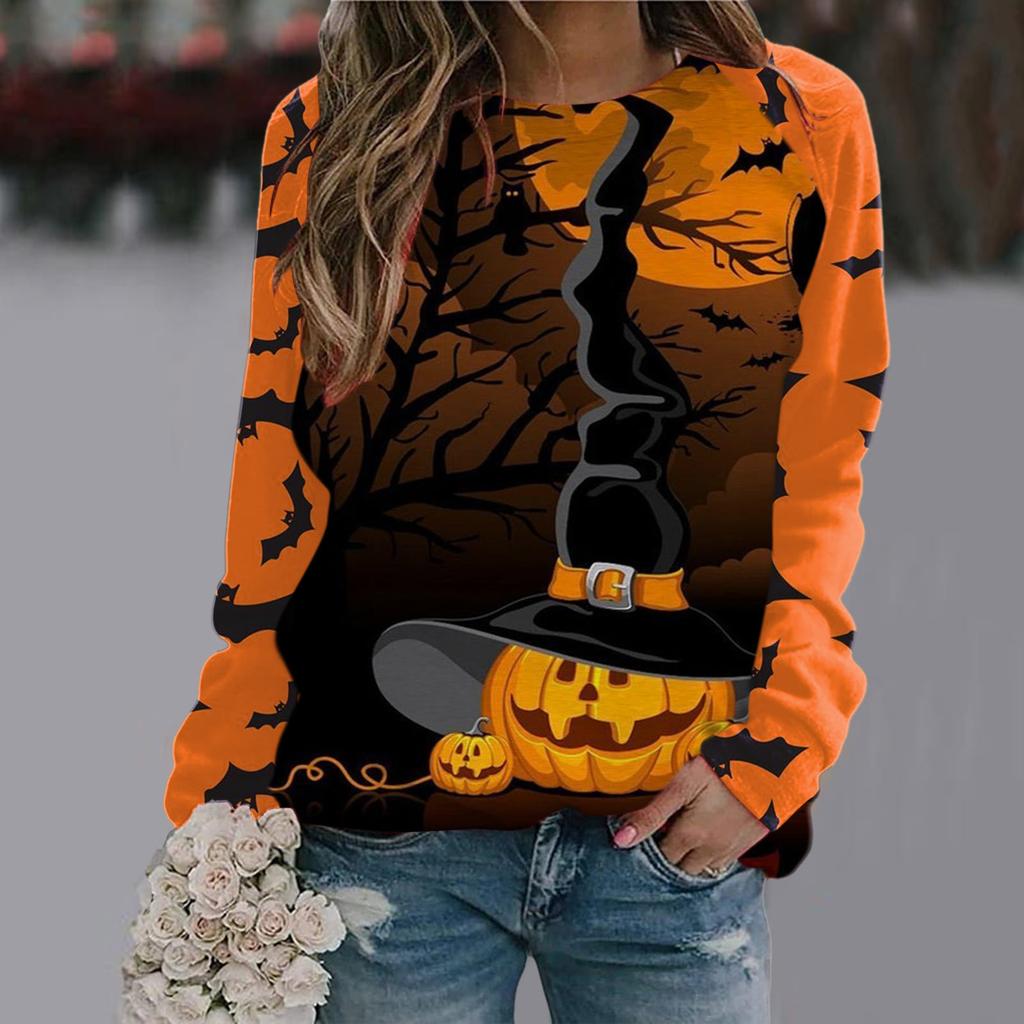 Spring and Autumn Round Neck Halloween 3D Printed Top Fashionable Casual Long Sleeved Women's T-shirts