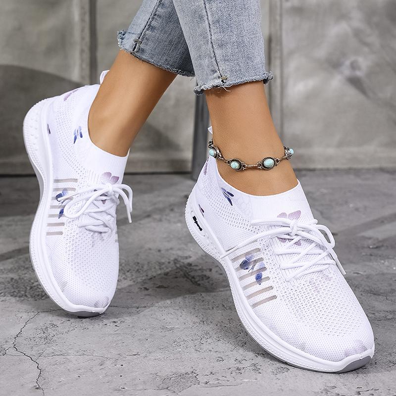 Fashion Fashion White Butterfly Print Platform Sneakers Women Breathable Knit Mesh Running Shoes Woman Non Slip Comfort Walking Shoes