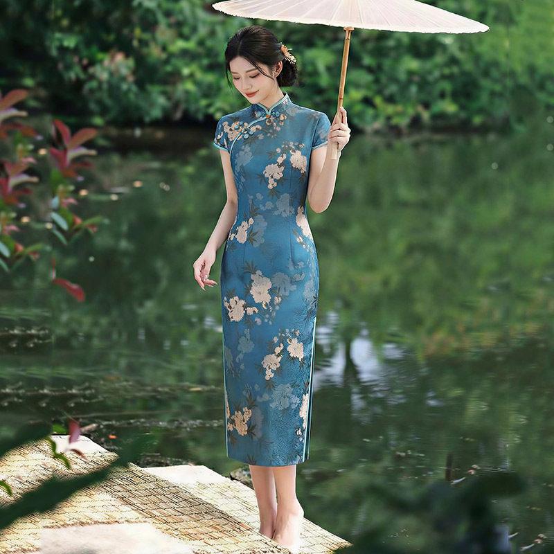 Blau Nationalstil Neu Chinesisch Suzhou Langer Cheongsam Verbessert Jung 1011 Neu Damen Hohes Gefühl Täglich Sommer