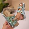 Ins New Thick-soled Hemp Rope Metal Buckle Rhinestone Cork Beach Slippers Large Size Shoes
