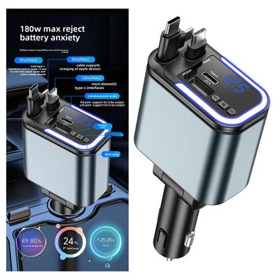 180W Car Charger 5 In 1 Retractable USB C Mobilephone fAST Charging Adapter With Atmosphere Lights for iPhone iPad Android