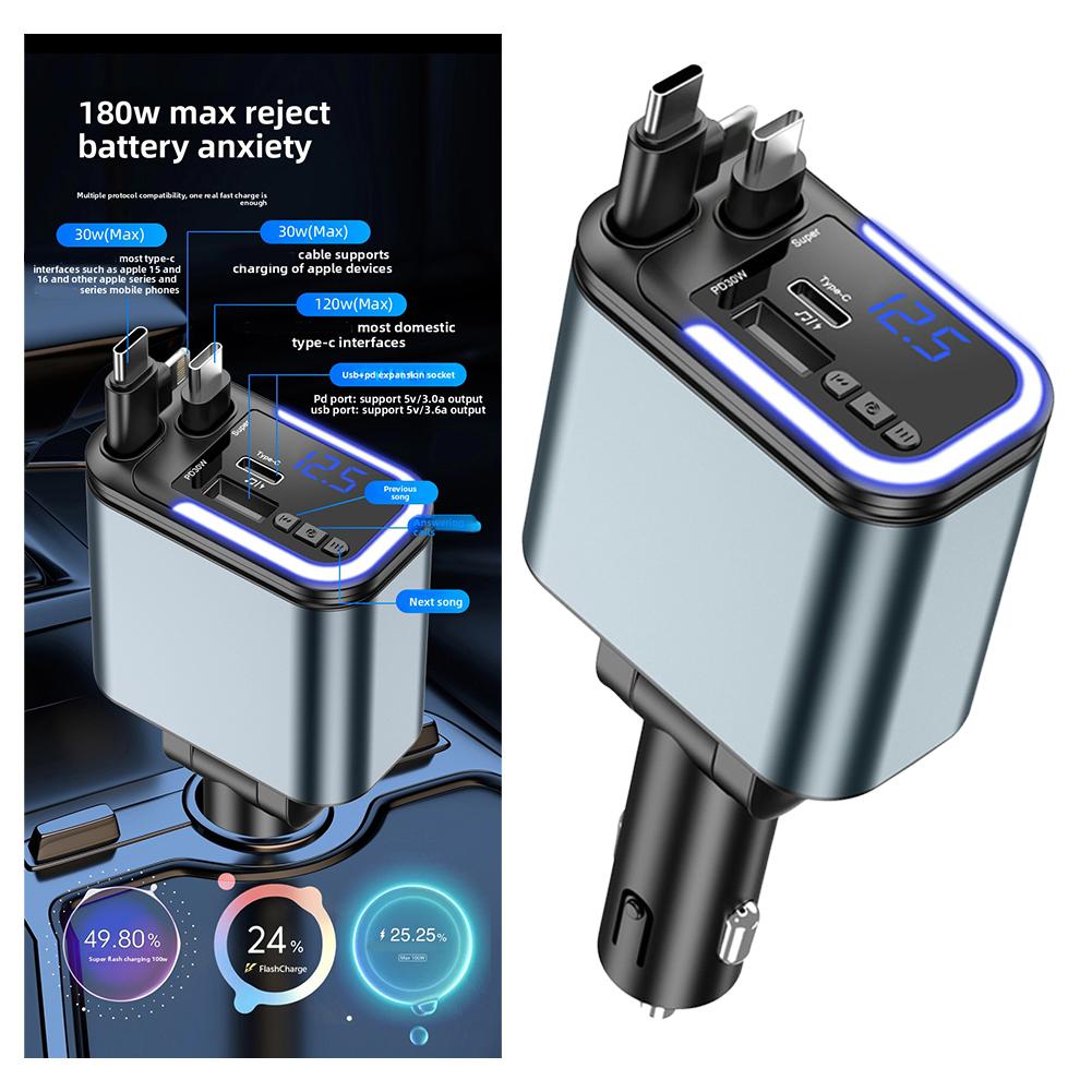 180W Bluetooth 5 IN 1 Retractable Car Charger USB C Car Fast Charging Adapter With Atmosphere Lights For IPhone Samsung/HuaWei