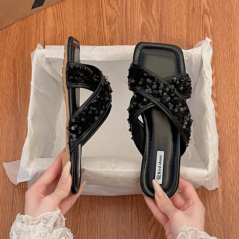 Fashion Aphixta Bling Sequined Decoration Flat With Slippers Cross Straps Casual Women Outside Slides Square Toe Summer Sandals Shoe