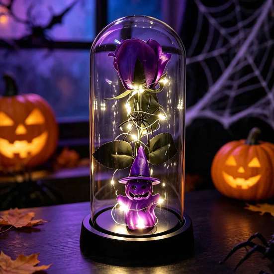 Repeated Use Festival Ornament Halloween Indoor Light Up Rose in Plastic Dome Cloche, Artificial Preserved Spider Theme Party Props Night with Pumpkin