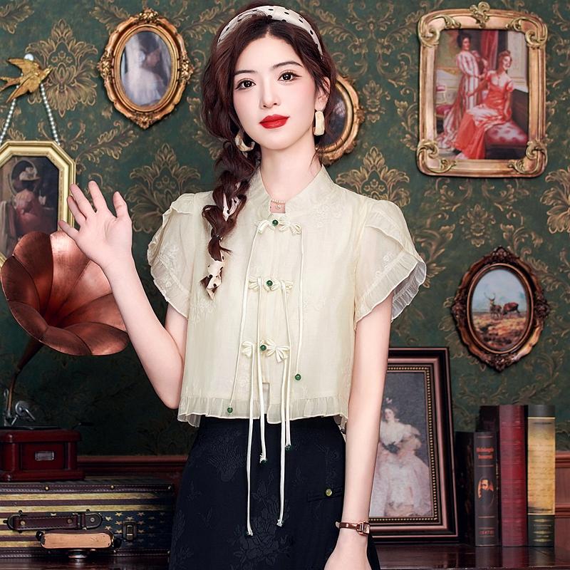 Fashion New Summer Chinese Style Short Sleeve Stand Collar Embroidery Chiffon Blouse Shirt Women Tops J388