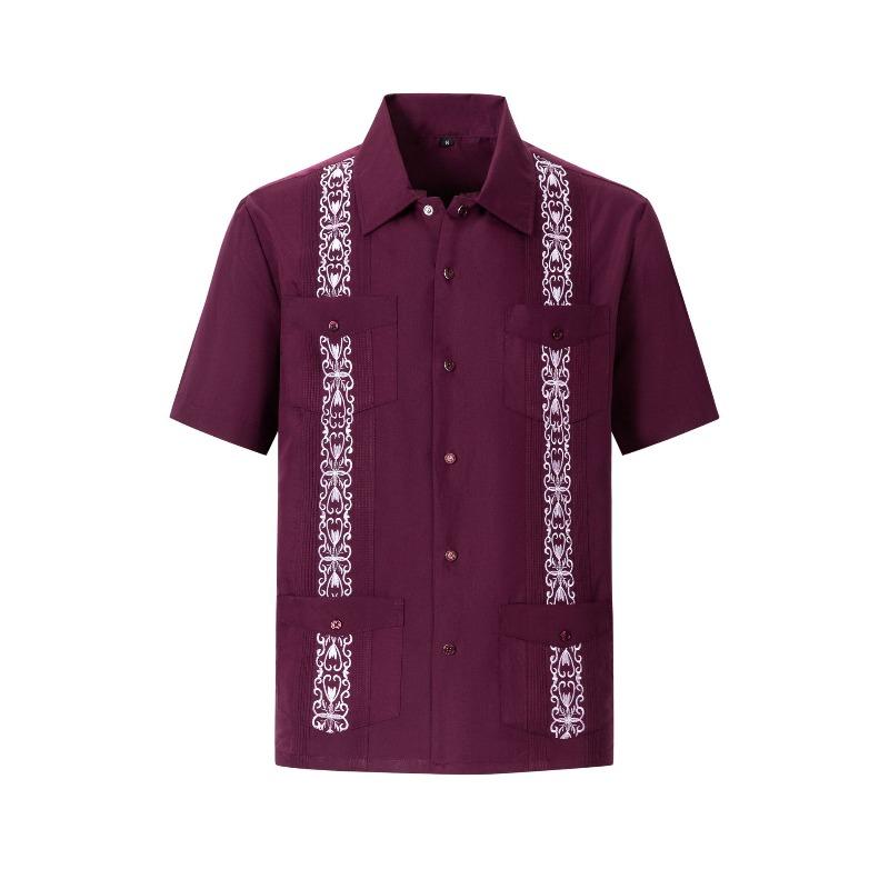 Camicia da uomo a maniche corte con bottoni, a righe Guayabella ricamate, quattro tasche, Dachen