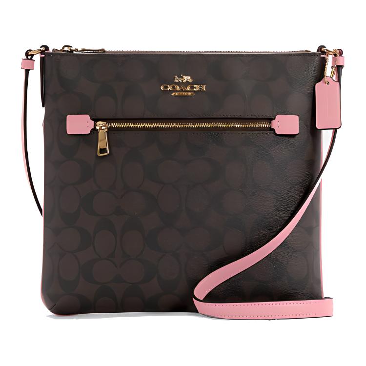 

New COACH Rowan Canvas With Leather Document Bag Crossbody Bag Shoulder Bag Medium Size Women s Brown/Shell Pink C1554-IMTL9 24.6*3.8*25.9CM