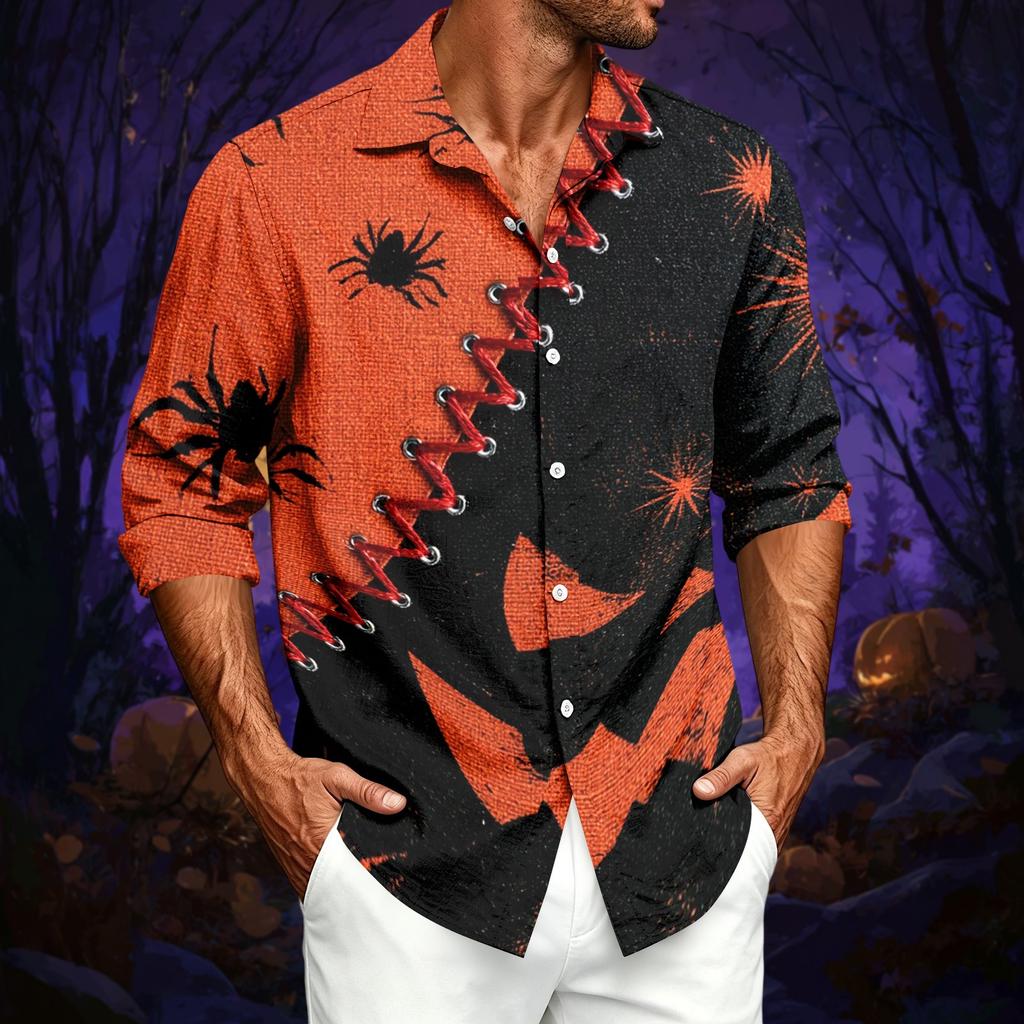 Men's Casual Long Sleeve Shirt with Halloween Print for Spring and Fall