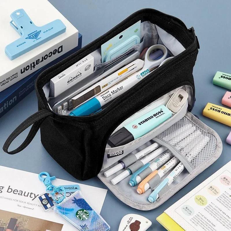 Multifunctional Korean Large Capacity Pencil Bag Double-layer Canvas Pen Case Portable Stationery for Students School Supplies