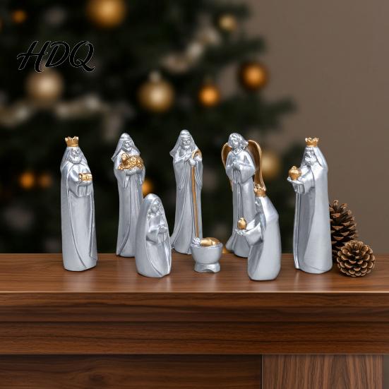 Christmas Manger Set 8 Pcs Resin Nativity Figurines Set Christian Scene Figures Painted Statues Religious Tabletop Miniature for Holiday Indoor