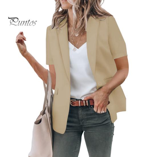 Women Casual Suit Coat Lapel Short Sleeve Single Button Suit Jacket Solid Color Flap Pockets Summer Business Outwear