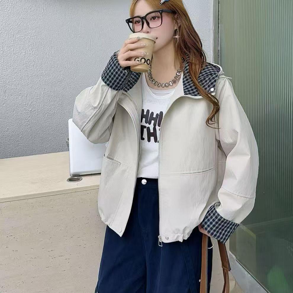 

Korean Style Plaid Hooded Jacket 2025: Short, Versatile & Casual S 42-50 kg грязно-белый