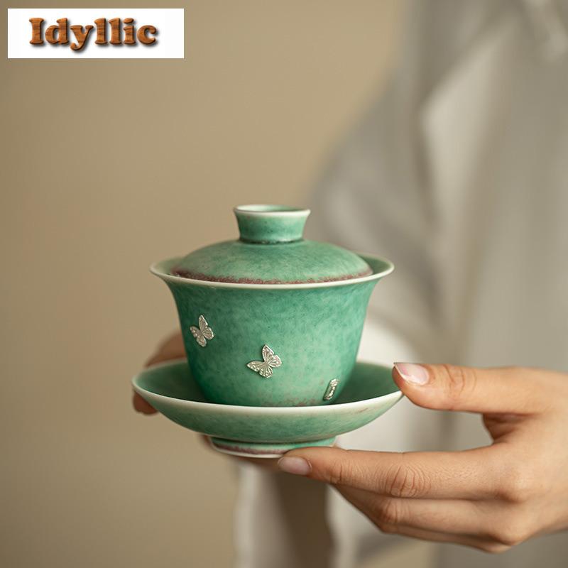 125ml Kiln Fambe Crystalline Glaze Silver Inlaying Gaiwan Antique Tea Tureen Tea Bowl With Lid Kit Tea Brewing Cover Bowl Cha