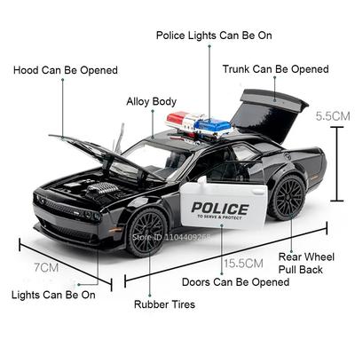 1:Maßstab 32 Challenger SRT Hellcat Polizeiauto Spielzeugmodell Legierung Druckguss Rückzieher Sound Licht Sportwagen Modelle Hobby Schmuckstück Geschenk