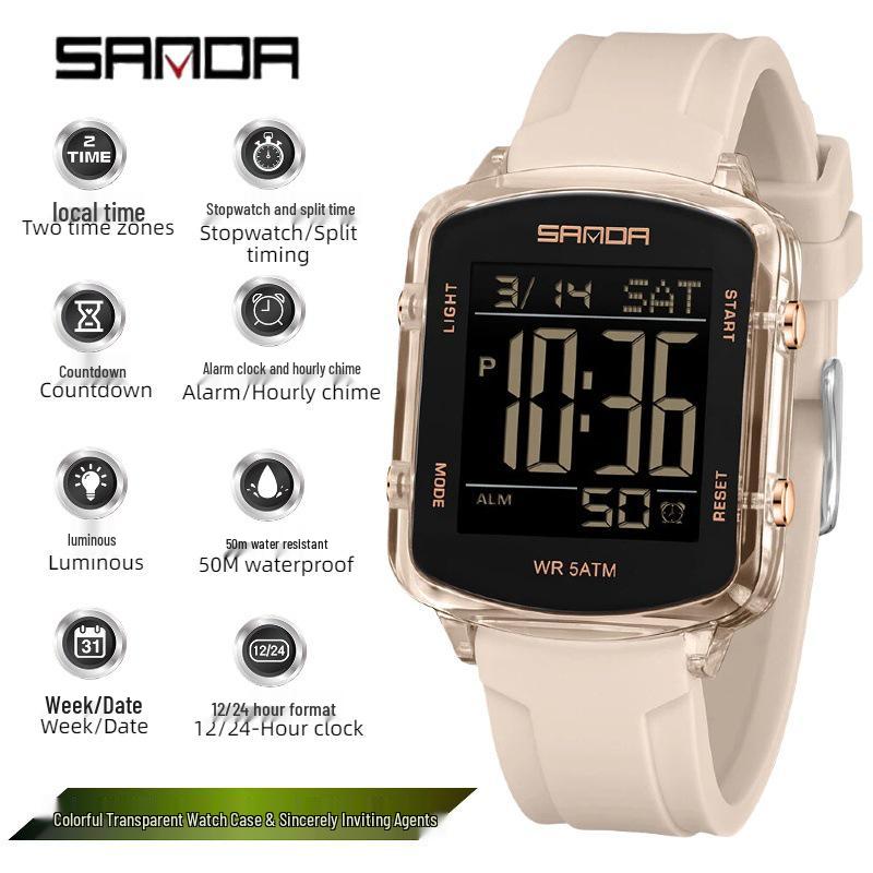 Sanda Transparent Electronic Square Watch with Large Dial for Students - Multifunctional Countdown Sports Wristwatch
