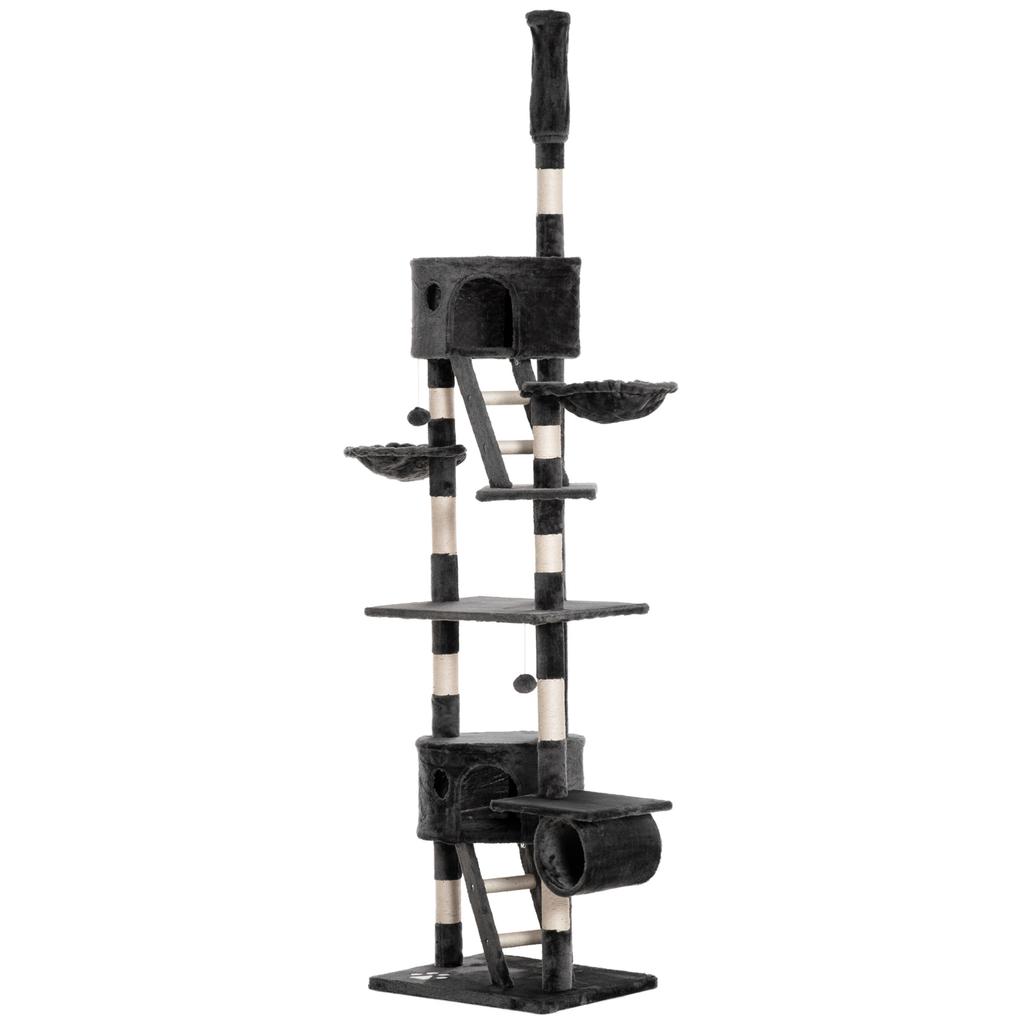 Cat Tree, Floor-to-Ceiling, 240-260 cm, Adjustable Height, Platforms, Caves, Grey