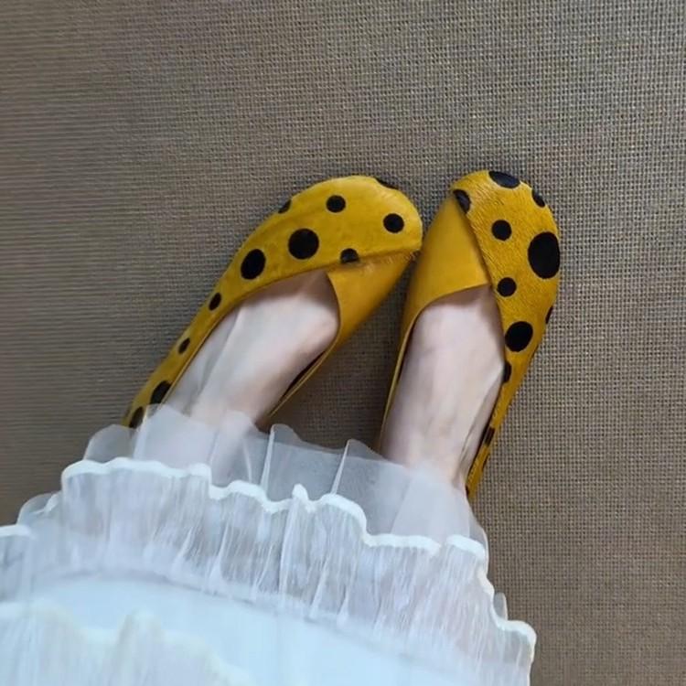 Spring Summer Leather Sweet Style Yellow Polka Dot Shallow Single Shoes for Women, Niche Versatile Shoes, Slip-on Small C
