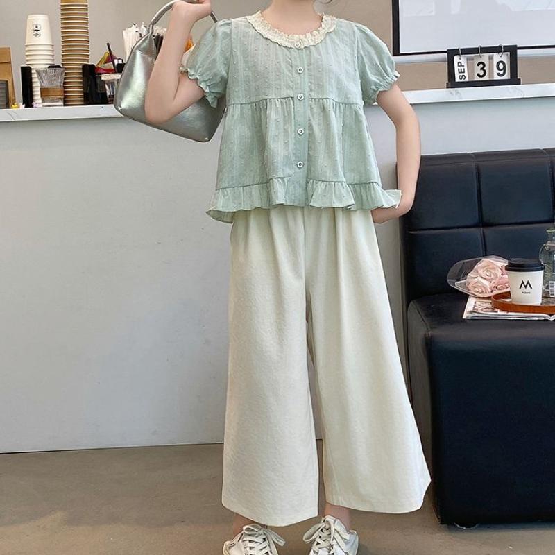 Big Girl Summer Casual Suit Korean Fashion Slim Fit Little Girl Short Sleeved Wide Leg Pants Two-piece Set