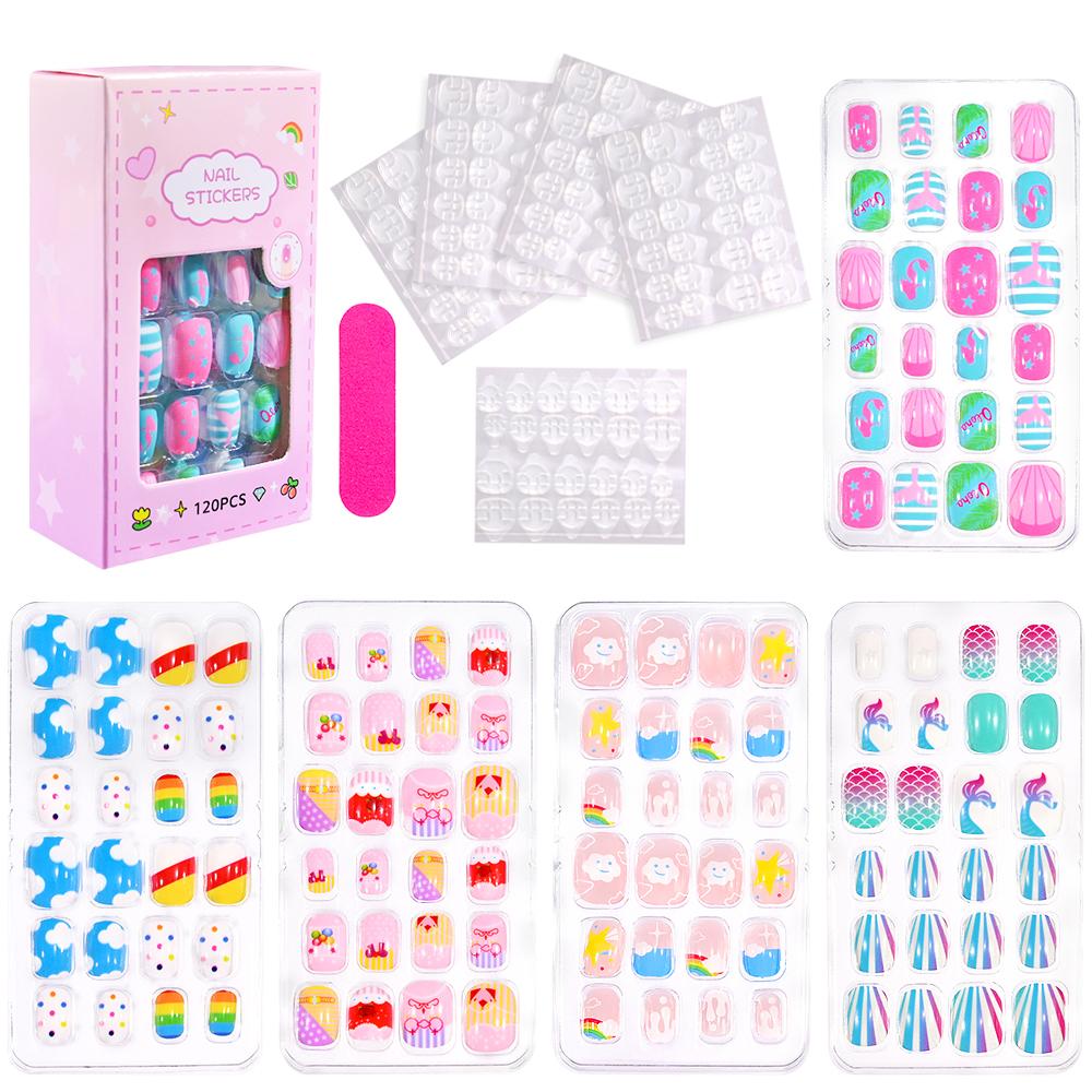 120Pcs Kids French Tip Press On Nails Short Round Pink Black Heart Flower Design Reusable False Nail Tips