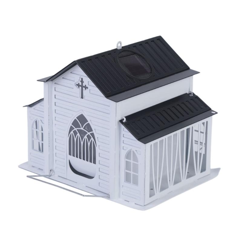 Church Shape Metal Solar Bird Feeders with Light Outdoor Hanging Church Birds Feeders Large Capacity Decorative