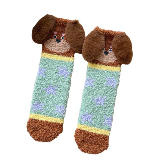 

1 пара носков для пола, 3D мультяшный дизайн таксы, полосатый принт, эластичное отверстие, носки из кораллового флиса, утолщенные, средней длины, для сна F