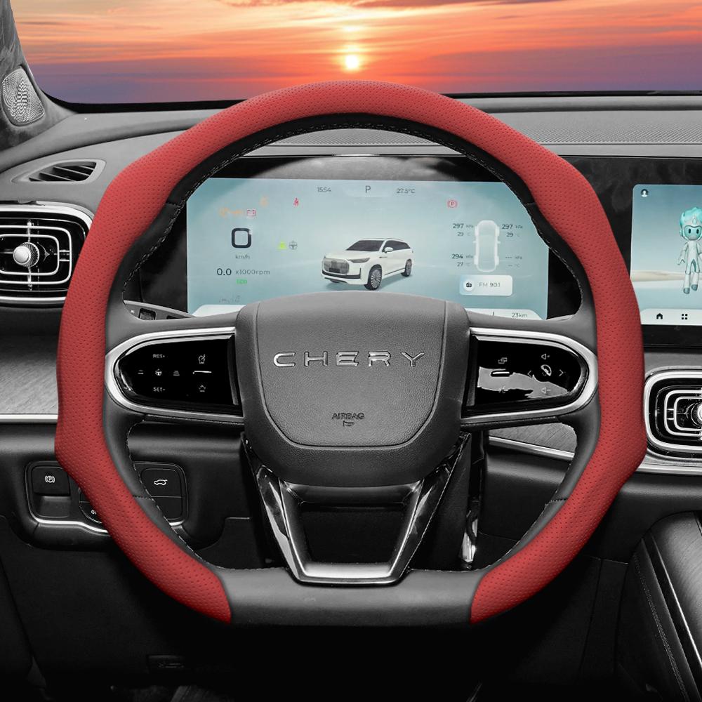 Suitable for Chery Perforated Leather Steering Wheel Cover, Anti-Slip, Sweat-Absorbent, Breathable, Integrated Protective Case for Tiggo 2 3 4 7 8 9