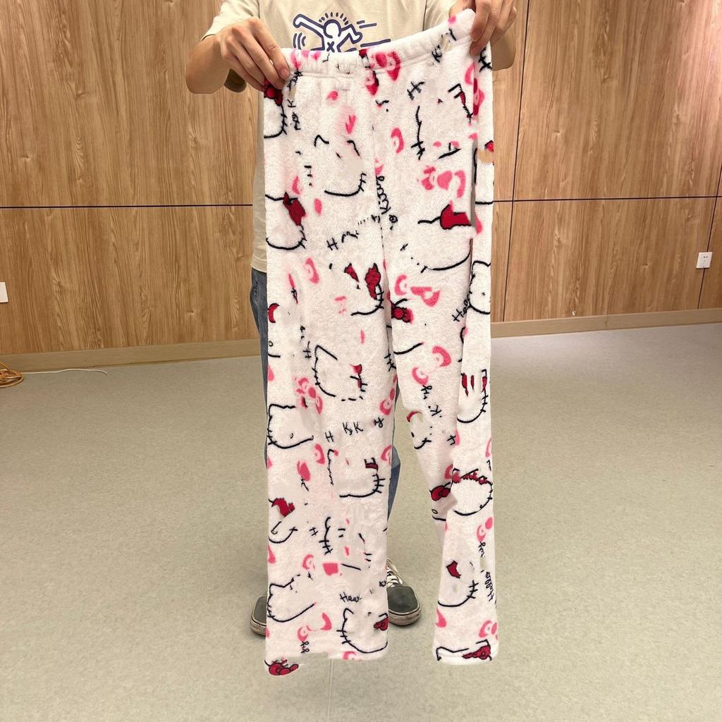 Pijamale de Crăciun din fleece cu pisică de desene animate pentru femei - Pantaloni de casă casual din flanel pentru toamnă/iarnă.