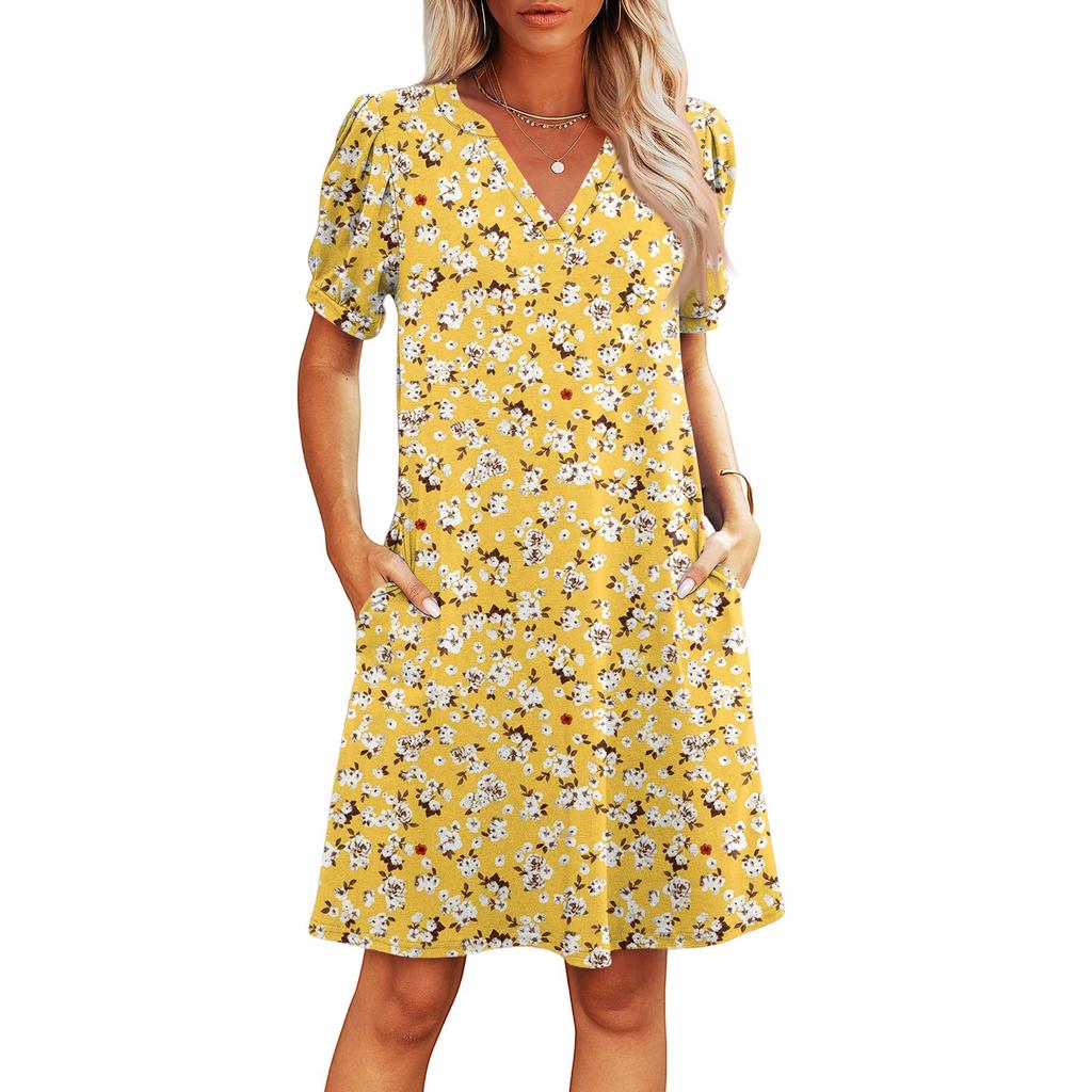 Women's Summer V-Neck Casual Beach Dresses Pod Short Sleeve Vintage Floral Print Dresses