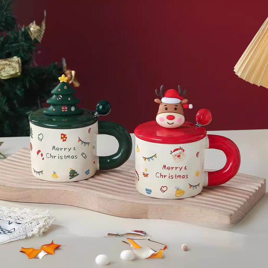 Christmas Mug Christmas Gift Ceramic Cup Cute Cartoon Coffee Cup with Lid Spoon Souvenir