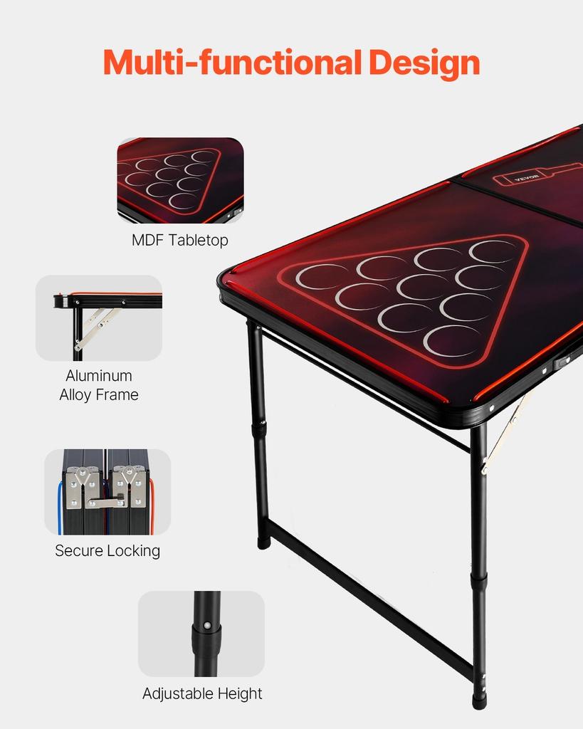 2.4 M Portable Beer Pong Table, LED Lights, Foldable Tailgate Table with Carrying Handles and 6 Pong Balls, Adjustable Height, Lightweight Table for