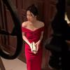 French white one-word shoulder off-the-shoulder evening dress registration and receipt of Hepburn style pleated slim-fitting hip-wrapped