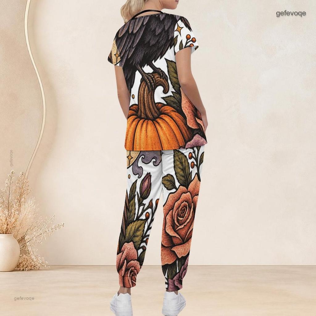 Women Plus Size V Neck Short Sleeve Scrub Set Thanksgiving Turkey Pumpkin Pie Print Nurse Uniform Set