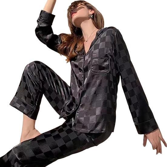 Womens Satin Pajamas Set Button Down Long Sleeve Top And Long Pants Sleepwear Set Oversized Casual Plaid 2 Piece Lounge Set