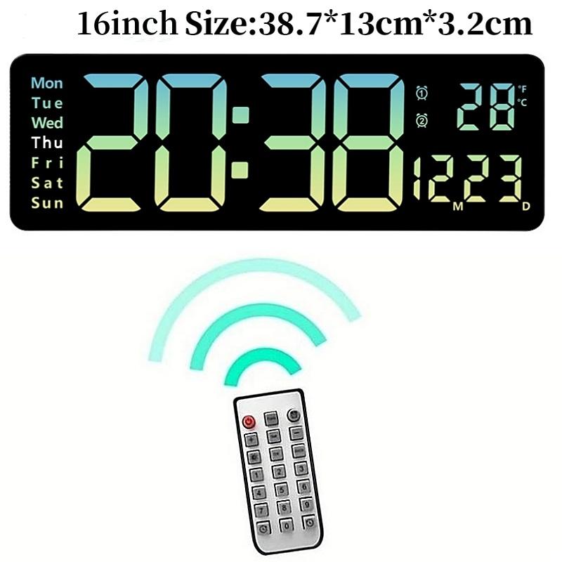 16 Inch Large Digital Wall Clock TEMP Date Week with Remote Control Timer Countdown Table Clock 2 Alarm 12/24H Wall-mounted LED Clock